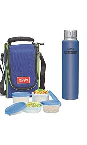 Milton Full Meal 4 Softline Tiffin with 500 ml Elfin Thermosteel Insulated Steel Bottle, Blue