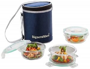 Signoraware Executive High Borosilicate Bakeware Safe Glass Lunch Box Set with Bag, 400ml+400ml+400ml, 3-Pieces, Transparent - Image 4