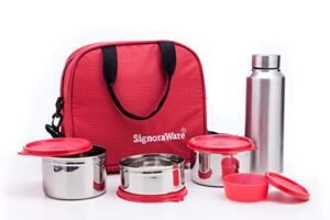 Signoraware Sling Steel Lunch Box with Steel Bottle, Set of 5, Red - Image 2