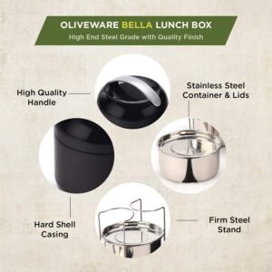 SOPL- Oliveware (logo) with Device Plastic Oliveware Bella Carry Handle Leak Proof Lunch Box with 3 Steel Insulated Container, Complete Meal Hot Case, Black - Image 3